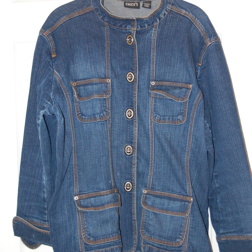 CHICOS Women's Denim Blue Jean Jacket W/ Silvertone Metal Closure Buttons Size 3